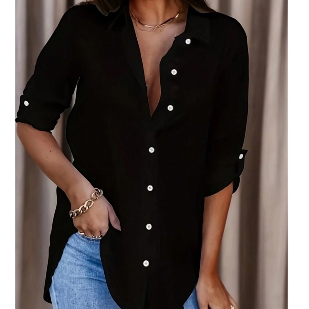 Classic button Down poplin Boyfriend Rolled Sleeve shirt - Picture 2 of 12